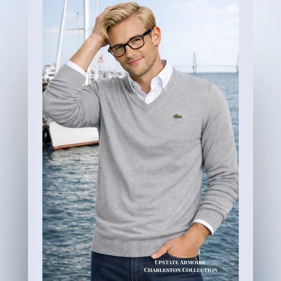 Lacoste Light Gray V-Neck Cotton Sweater Crocodile Logo Classic Preppy Size 5 - Picture 2 of 11